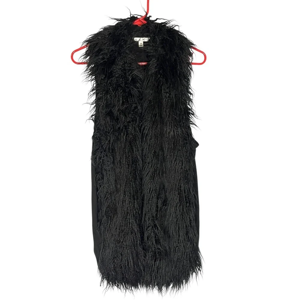 CAbi Women's Black‎ Fuzzy Front Faux Fur Vest M Asymmetrical